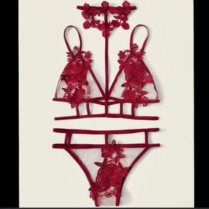 Floral Appliqué Red Lingerie Set with Choker